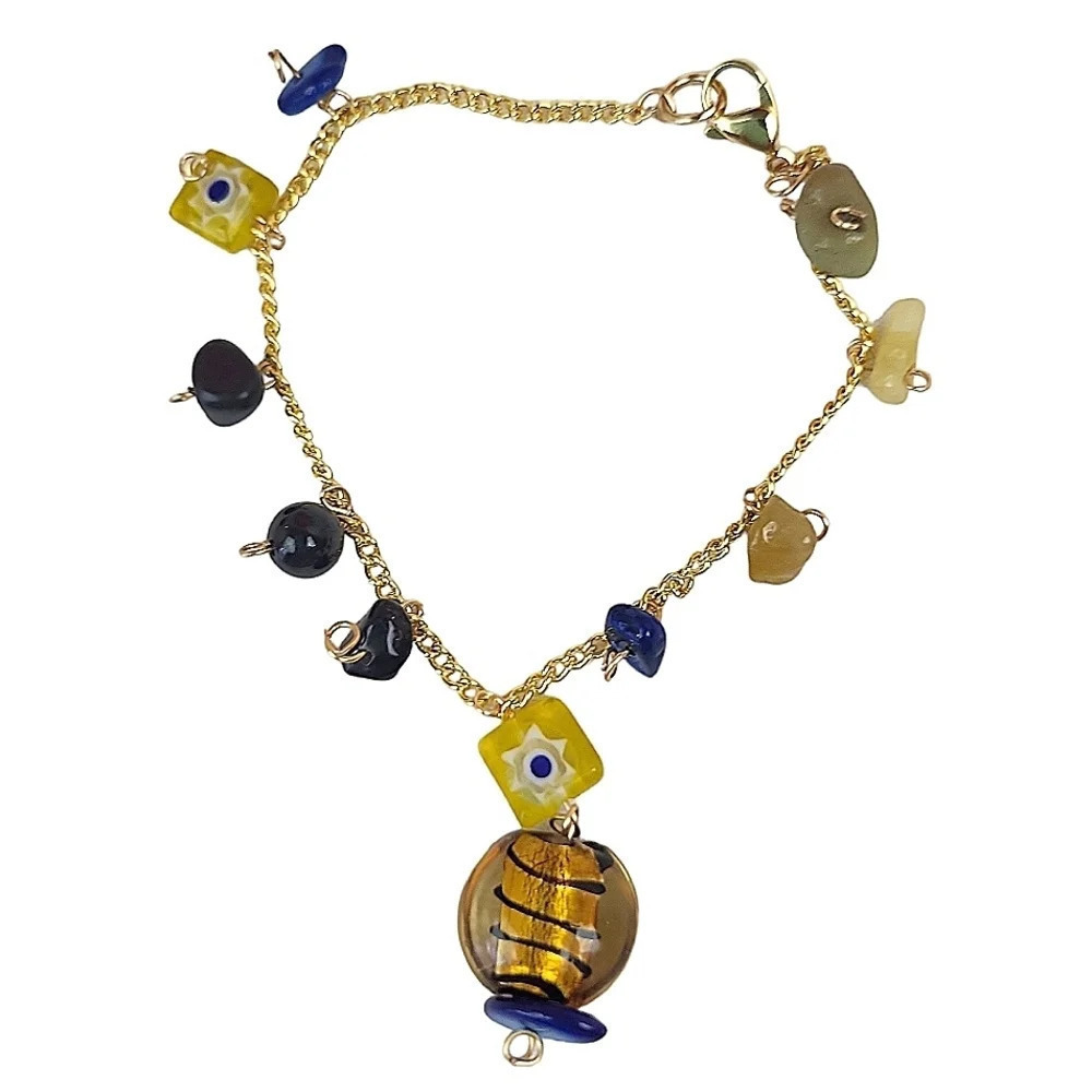 18K Gold Plated Stainless Steel Curb Chain Lampwork Flower Lapis Bracelet